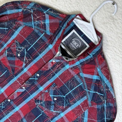 Camisa a Cuadros BKE Hebilla Para Hombres XL Ajuste Atlético Perla A Presión Occidental Manga Larga Y2K Foto 1 de 4