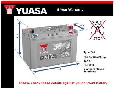 Battery fits TOYOTA RAV4 2.0D 2.2D 01 to 19 Yuasa 249 830A 100Ah 5Yr Warranty - Image 1 of 4