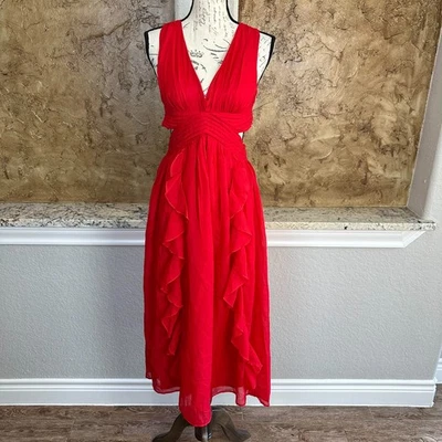 Nuevo con etiquetas Vestido Abercrombie & Fitch Mujer XXSP Maxi Sin Espalda Gasa Volantes Rojo Foto 1 de 4