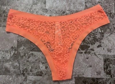 NUEVO CON ETIQUETAS BRAGAS TANGA VICTORIA'S SECRET M NARANJA MELOCOTÓN CORAL ENCAJE FLORAL NO SHOW Foto 1 de 3