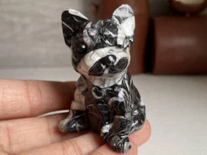 Natural Zebra Stone Quartz Crystal French Bulldog Carved Healing Mini Pet Decor - Picture 1 of 10