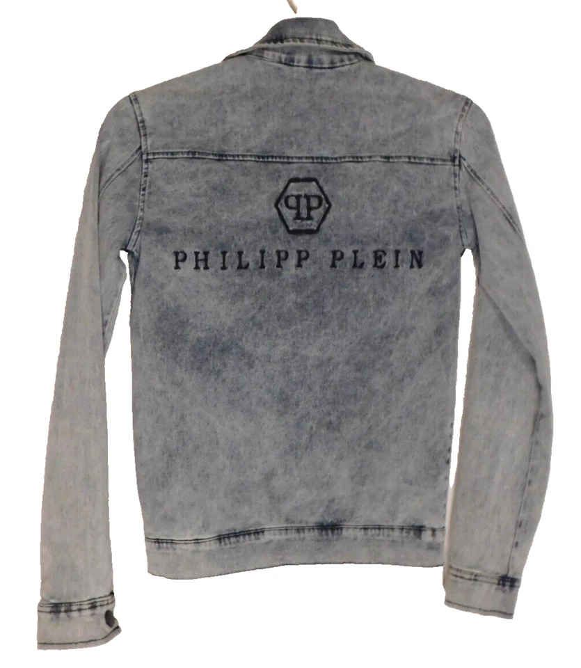 RARE PHILIPP PLEIN Youth 12-14 Blue Denim Stonewash Jacket Skull Name Logo Black - Image 1 of 4