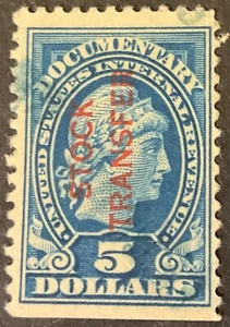 1918-22 $5 Stock Transfer single, Scott #RD16, Used, Fine, St. edge - Picture 1 of 2