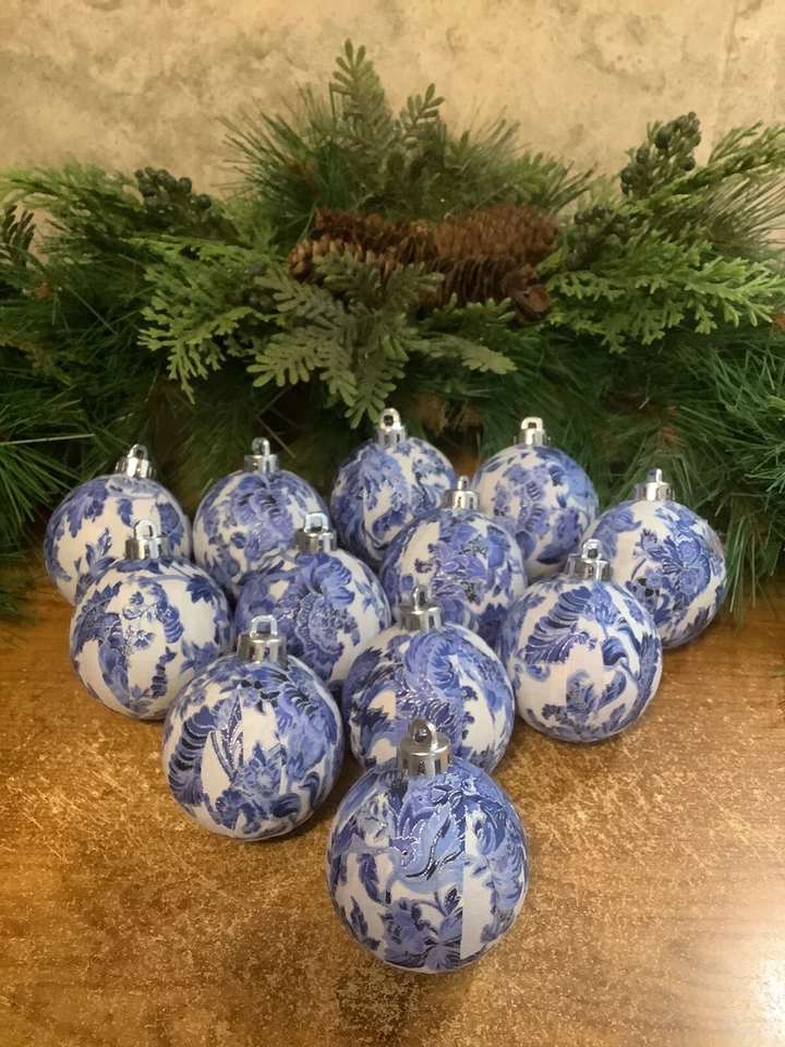 12 Blue/White/Silver Chinoiserie Inspired 2.5” Handmade Christmas Ornaments, New - Image 1 of 2