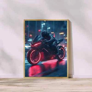 Motorcycle Poster, Futuristic Rider Wall Art, Neon Biker Print - Picture 1 of 3