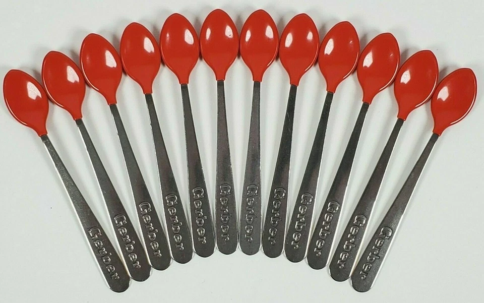 GERBER Lote de 12 cucharas bebé punta suave mordida Hecho en EE. UU. Acero inoxidable Rojo Infantil ¡NUEVO! Foto 1 de 4