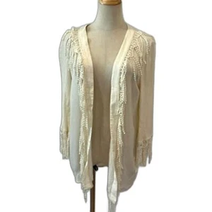 Ark & Co Beige Fringe Cardigan Kimono Jacket Rayon Small Crochet Boho - Picture 1 of 9
