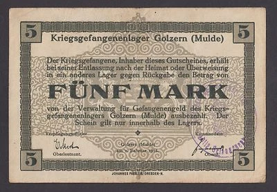 🔴GERMANY   5 Mark 1916 VF   WWI - POW - Concentration Camp - Golzern  with seal - Image 1 of 2