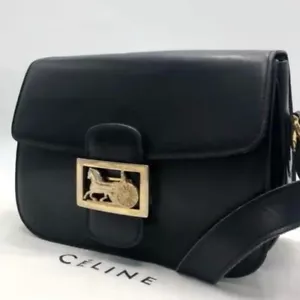 CELINE Vintage Leather Shoulder Bag with Gold Horse Carriage Hardware in Black - Picture 1 of 10