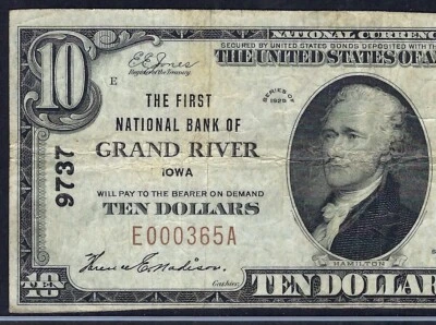 🇺🇸  IA 1929 $10 ♚♚GRAND RIVER, IOWA♚♚ PCGS FINE 15 VERY SCARCE!! - Image 1 of 3