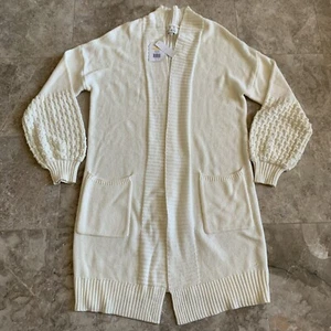 Wonderly Women’s Size M Long Open Front Cardigan Ivory Chunky Knit Sleeve NWT - Picture 1 of 8