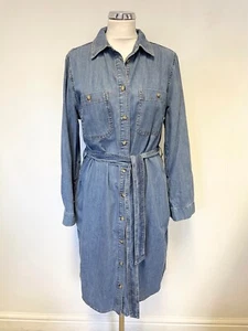 MINT VELVET BLUE DENIM COLLARED LONG SLEEVED BELTED SHIRT DRESS SIZE 14 - Picture 1 of 4