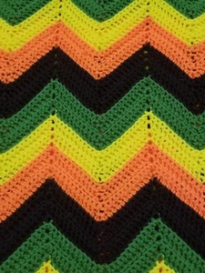 Handmade 83x67 Crochet Chevron Throw Blanket Afghan Fall Orange Yellow Green VTG - Picture 1 of 5