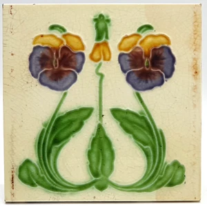 Art Nouveau Fireplace Majolica Tile Pansies Design J.H. Barratt C1906 AE1 - Picture 1 of 3