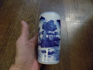 Antique Vtg Chinese Blue White Porcelain Brush Pot 5" Village Scene Mountains - Picture 1 of 11
