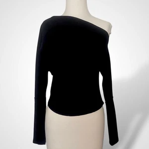 House of Harlow 1960 schwarz lang Fledermausärmel One Shoulder Bluse Top Damen Größe S - Bild 1 von 5