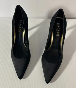 Lauren Ralph Lauren schwarz Satin spitz zulaufend Absätze Größe 7B klassisch Goldrand Absatz - Bild 1 von 10