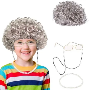 WeKen Old Lady Party Dress Up Costume wig glasses chain necklace props grandma - Picture 1 of 22