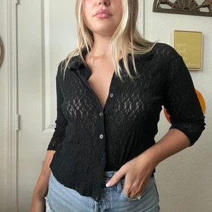 Vintage 90s Y2K Diagonal Black Sheer Full Lace Button Up Collared Top Sz M - Bild 1 von 4