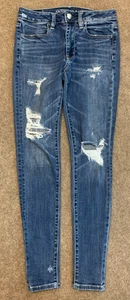 Jeans American Eagle donna 2 vita alta effetto invecchiato elasticizzato jegging AEO denim - Foto 1 di 9