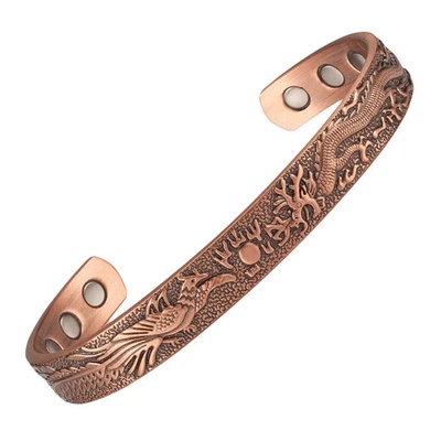 Brazalete magnético de cobre sólido puro brazalete terapia del dolor artritis fénix y dragón Foto 1 de 4