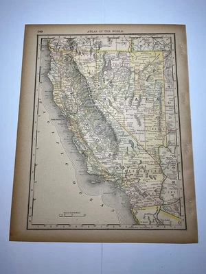 Mapa del estado de California/Nevada 1890 Fm 1890 Rand-McNally Atlas VER FOTOS y DESCRIPCIÓN Foto 1 de 3