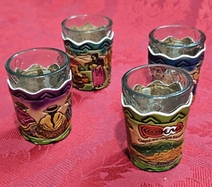 NIB 4 Souvenir Peru Shot Glasses With Hand Tooled Painted Leather Sleeves - Picture 1 of 21