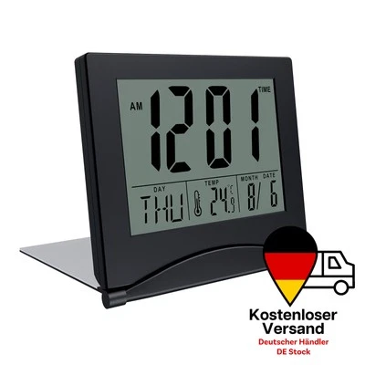 Digitaler Wecker LCD klappbar - Tischuhr mit Temperatur und Datum - Schwarz - Bild 1 von 4
