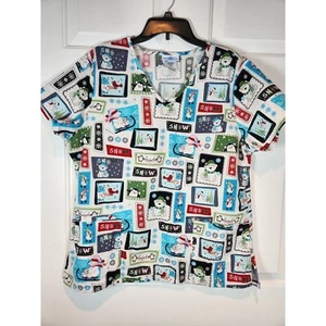 Women's sz L White Snow Winter Short Sleeved Scrub Top Shirt by SB Scrubs - Picture 1 of 8