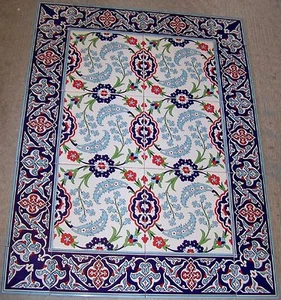 32"x24" Turkish Iznik Blue & Red Floral Pattern Border Ceramic Tile Mural Panel - Picture 1 of 15