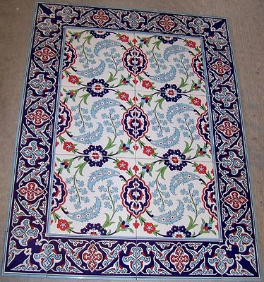 32"x24" Turkish Iznik Blue & Red Floral Pattern Border Ceramic Tile Mural Panel - Image 1 of 4