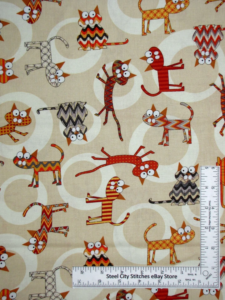 Animal Fabric 24" Length Ziggy Cat Whimsical Cats Feline C5724 Cotton Benartex - Image 1 of 1