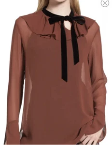 Chelsea28 Sheer Brown Bow tie neck velve blouse S - Picture 1 of 6