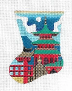 Pagoda Temple Mini Stocking Ornament  handpainted Needlepoint Canvas A. Lawford - Picture 1 of 1