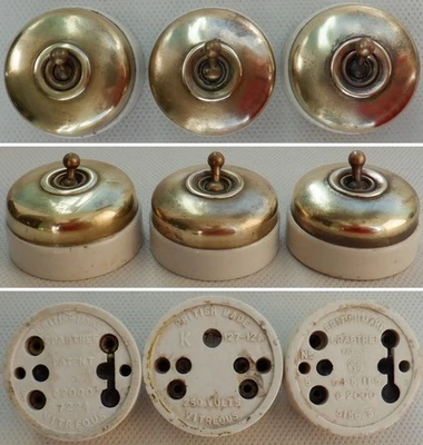Vintage Crabtree Wall Light Switches x3 Brass & Ceramic Porcelain Round Electric - Image 1 of 4
