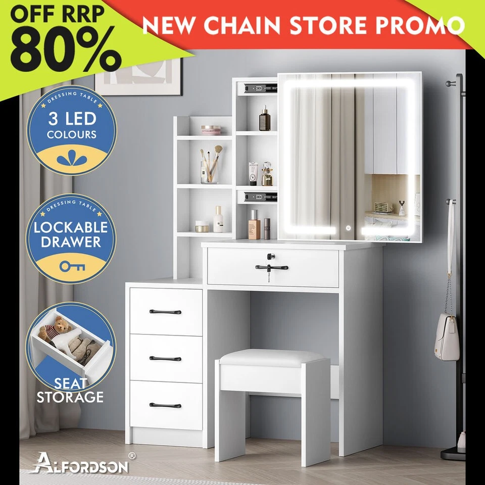 ALFORDSON Dressing Table Stool Set Makeup Mirror Vanity Desk Cabinet White