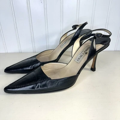 Sapatos Stiletto Jimmy Choo Salto Preto UE 39 EUA 9 Estilingue Traseiro Retipado - Imagem 1 de 4