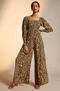 Anthropologie X Kachel tiger striped smocked wide leg jumpsuit 2 Romper Animal - Picture 1 of 14