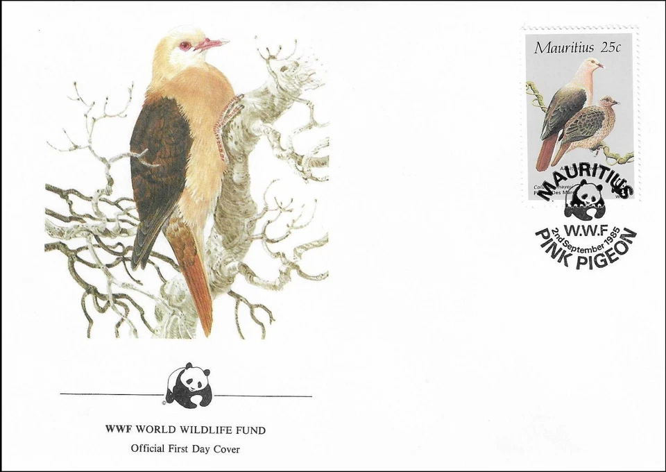 Paloma rosa pareja Columba Mayeri aves adultas naturaleza Mauricio FDC 1985 Foto 1 de 1