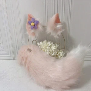 Pink Cat Fox Ears Hairhoop Tail Beast Headwear Cosplay Costume Accessories - Picture 1 of 8