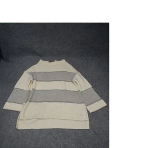 St. John Luxury Cashmere Wool Sweater Large Striped Cream Gray Metallic Knit - Picture 1 of 11