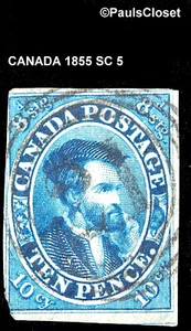 CANADA 1855 SC 7 JACQUES CARTIER 10p BLUE IMPERFORATE USED NO GUM FINE - Picture 1 of 2