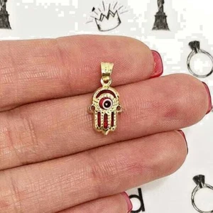 14K Echt Gold Blau Rot Evil Eye Klein Hamsa Klein Charm Anhänger 0,7" - Bild 1 von 17