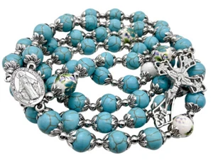 Collana Perline Rosario Marmo Turchese Fiori Perline Medaglia Miracolosa e Croce - Foto 1 di 7