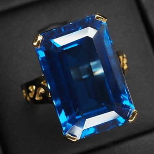 Chic Intense Swiss Blue Topaz 20.55Ct 925 Sterling Silver 24K Gold Vermeil Rings - Picture 1 of 8