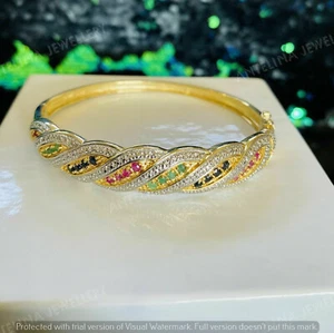 4Ct Simulated Ruby Emerald Sapphire Women Bangle Bracelet 14K Yellow Gold Finish - Picture 1 of 6