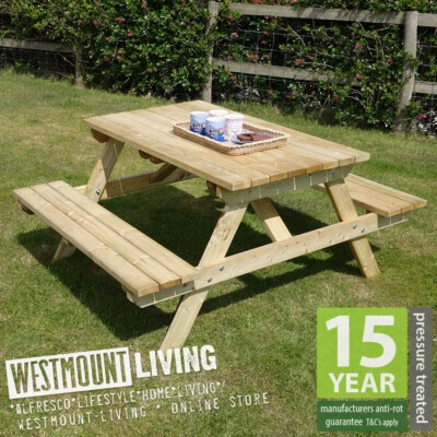 COURTESY OF WESTMOUNT LIVING 4FT 5FT 6FT STURDY WOODEN PICNIC TABLE PUB BENCH GARDEN PATIO PRESSURE TREATED