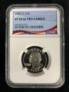 1982 S WASHINGTON QUARTER 25C PF70 ULTRA CAMEO NGC; TOP POP = 178; SKU 2989 - Picture 1 of 2