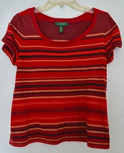 Ralph Lauren 100% Cotton Striped Dip Round Neck Short Sleeves Top Petite Large - Picture 1 of 5