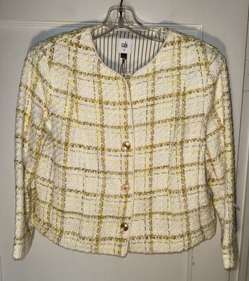 Cabi 全新带标签 Coco 夹克 #6256 黄色奶油色白色格子 M 码 — 第 1/4 张图片